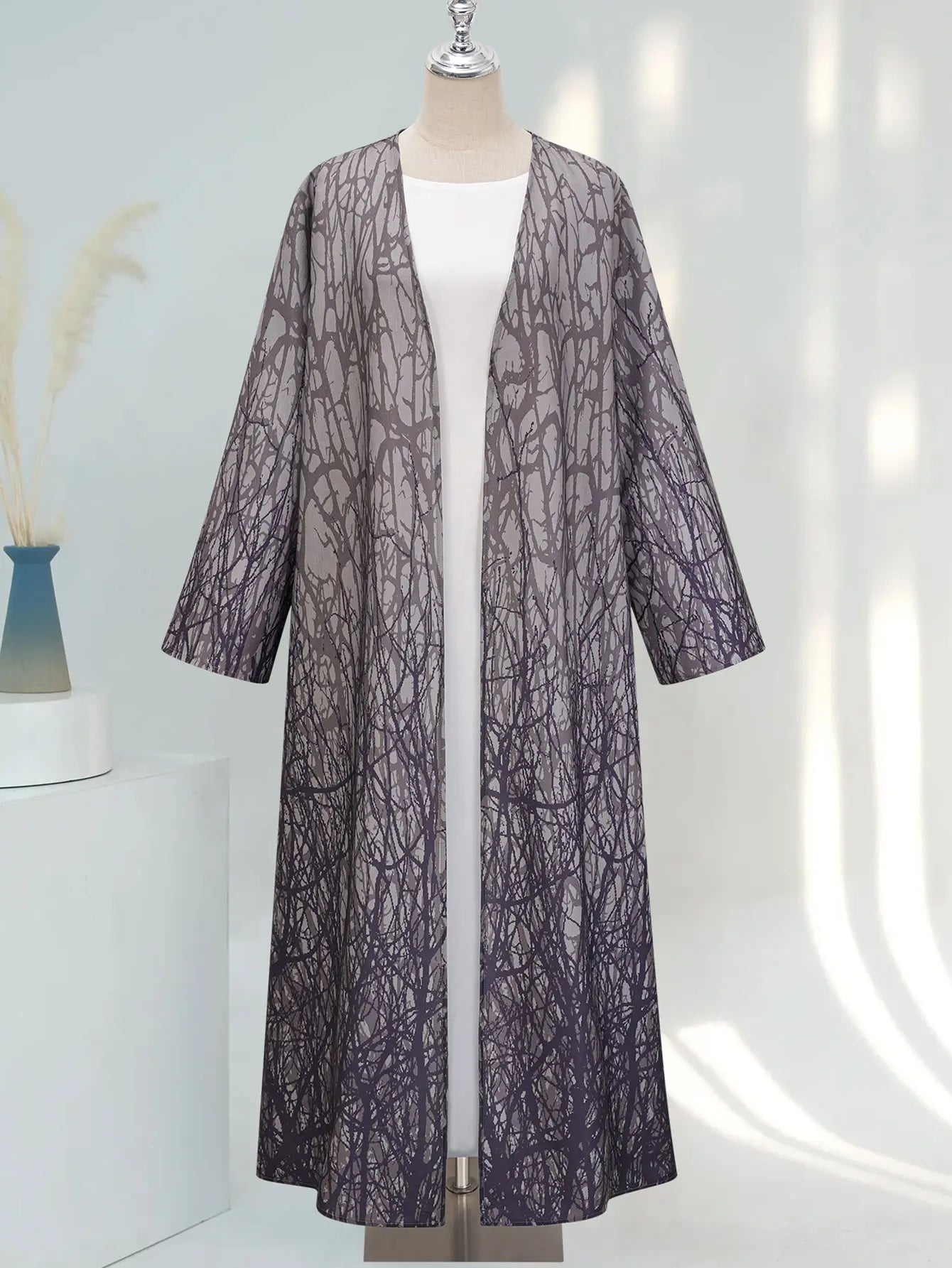 Blue Tree Branch Design Open Abaya Long Outer Garment Moroccan ing in Daily Life or
