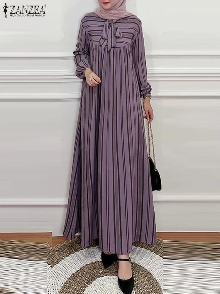 Hijab Turkey Striped Bow Tie Nek 2025 Spring Long Sleeve Abaya Seam Detail Maxi
