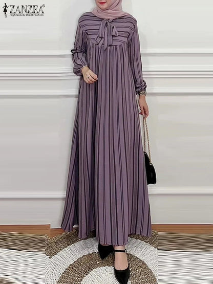 Hijab Turkey Striped Bow Tie Nek 2025 Spring Long Sleeve Abaya Seam Detail Maxi