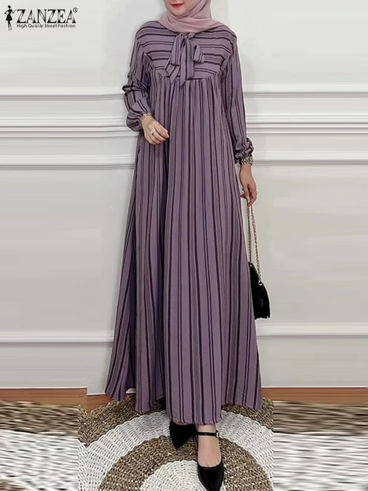 Hijab Turkey Striped Bow Tie Nek 2025 Spring Long Sleeve Abaya Seam Detail Maxi