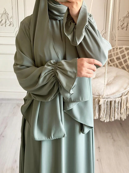 Siskakia Solid Abaya Woman With Headscarf Flare Sleeve Casual