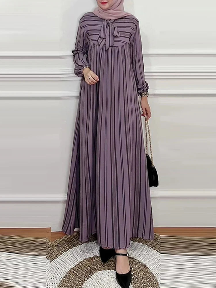Hijab Turkey Striped Bow Tie Nek 2025 Spring Long Sleeve Abaya Seam Detail Maxi