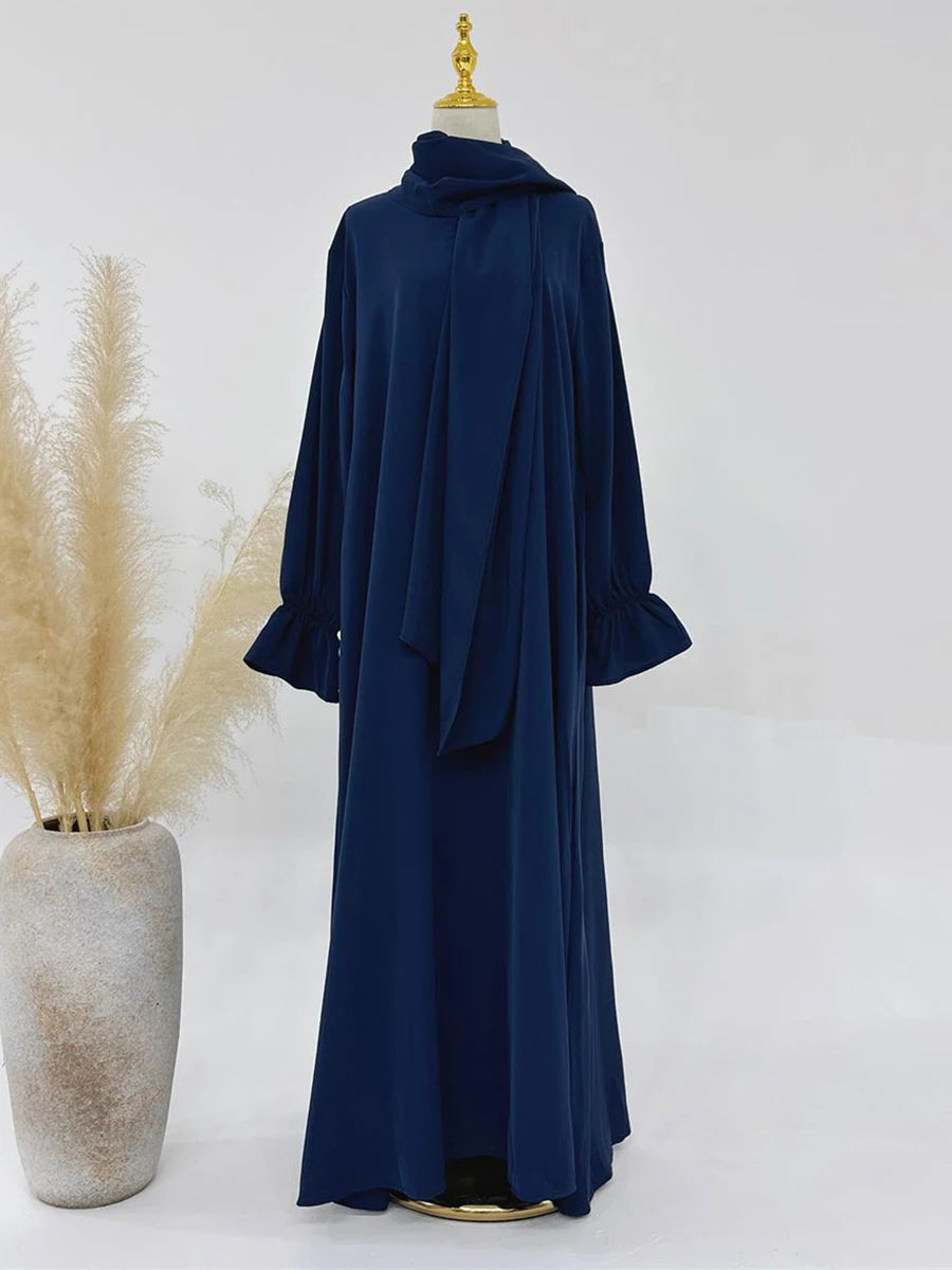 Siskakia Solid Abaya Woman With Headscarf Flare Sleeve Casual