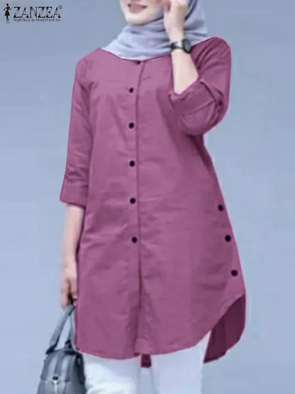 Abaya Blouse Woman Casual Holiday Baggy Shirt Long Sleeve O-Neck Tops Solid