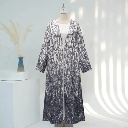 Blue Tree Branch Design Open Abaya Long Outer Garment Moroccan ing in Daily Life or