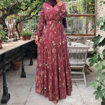 Abaya Turtleneck Floral Print Belted Kaftan Abayas