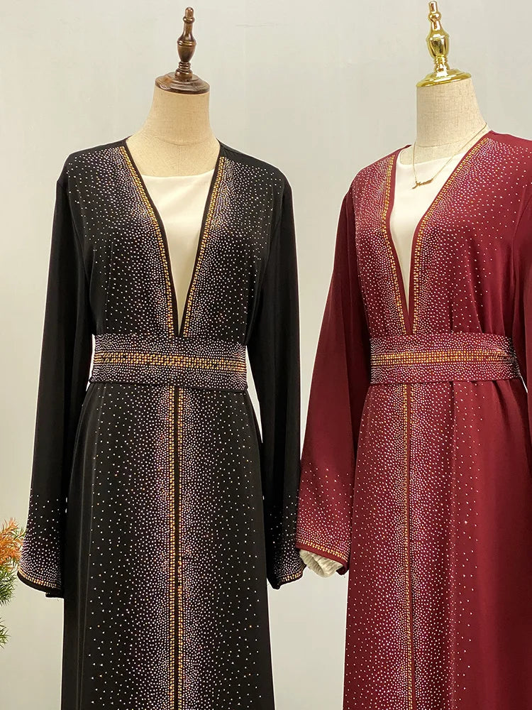 Selling Rhinestone Cardigan With Pockets Kebaya Kimono Abaya Red