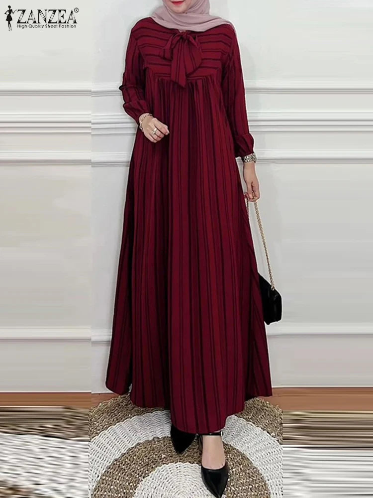 Hijab Turkey Striped Bow Tie Nek 2025 Spring Long Sleeve Abaya Seam Detail Maxi