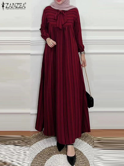 Hijab Turkey Striped Bow Tie Nek 2025 Spring Long Sleeve Abaya Seam Detail Maxi