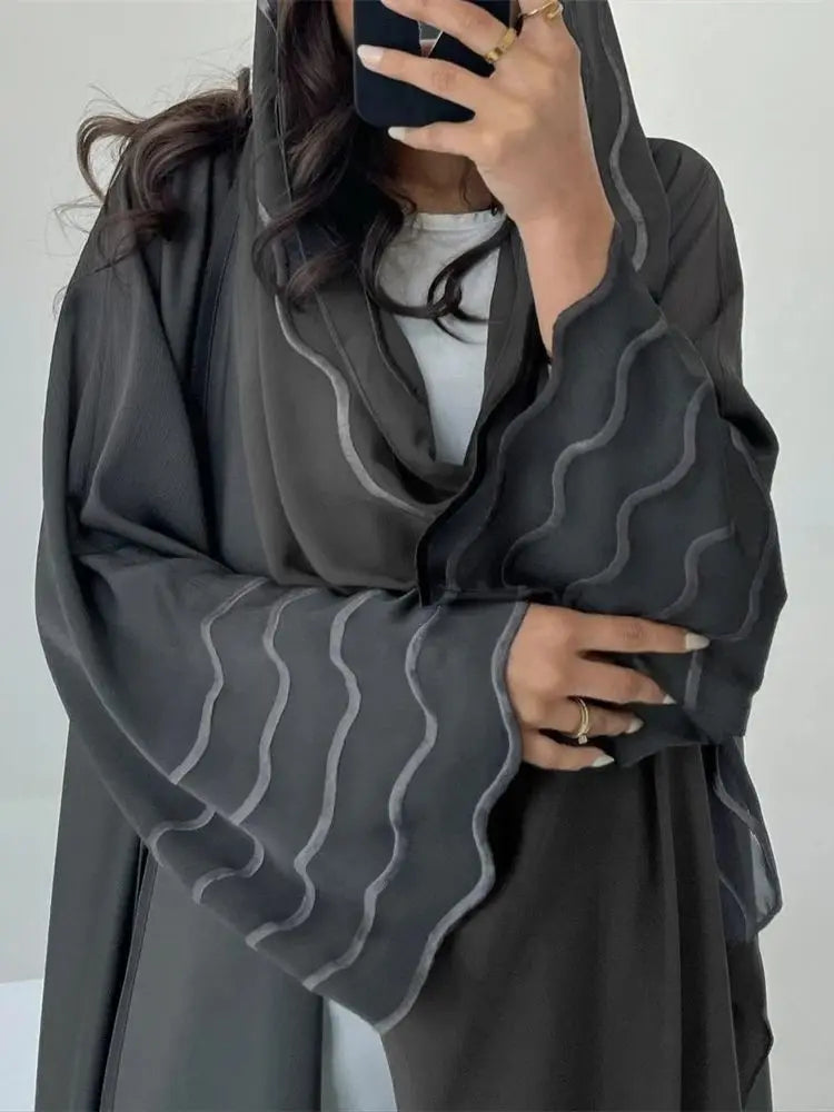 Gray Black Abaya Kimono Hijab Set Kebaya Kaftan Djellaba