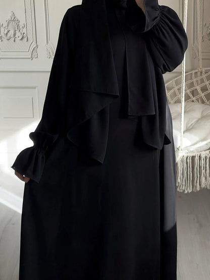 Siskakia Solid Abaya Woman With Headscarf Flare Sleeve Casual
