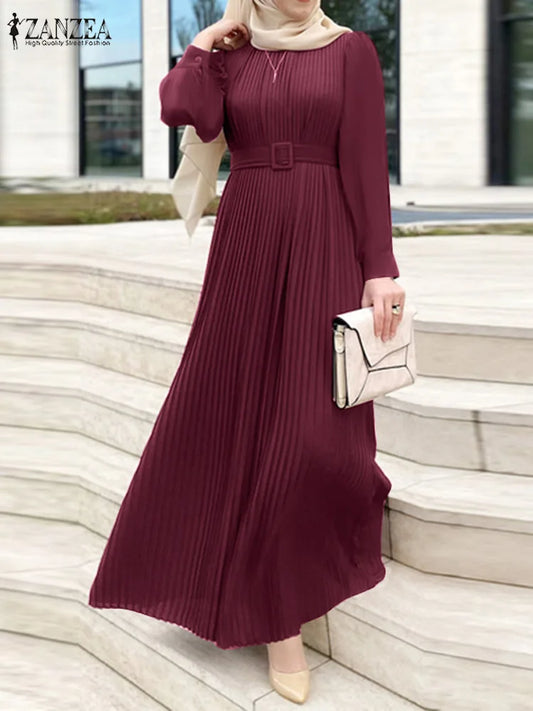 Abaya s Fall Belted Puff Sleeve Hijab Plisse O Neck Maxi