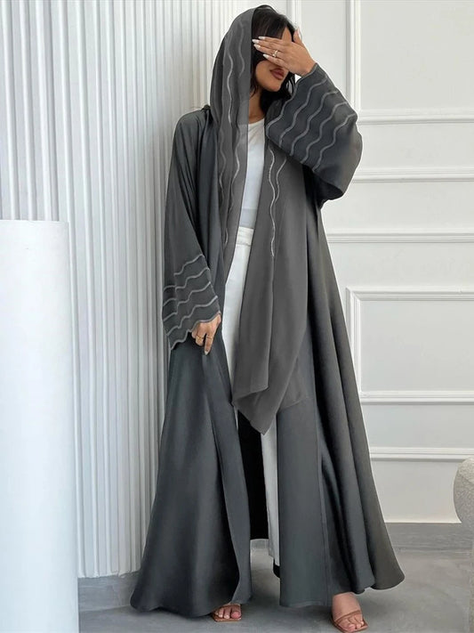 Gray Black Abaya Kimono Hijab Set Kebaya Kaftan Djellaba