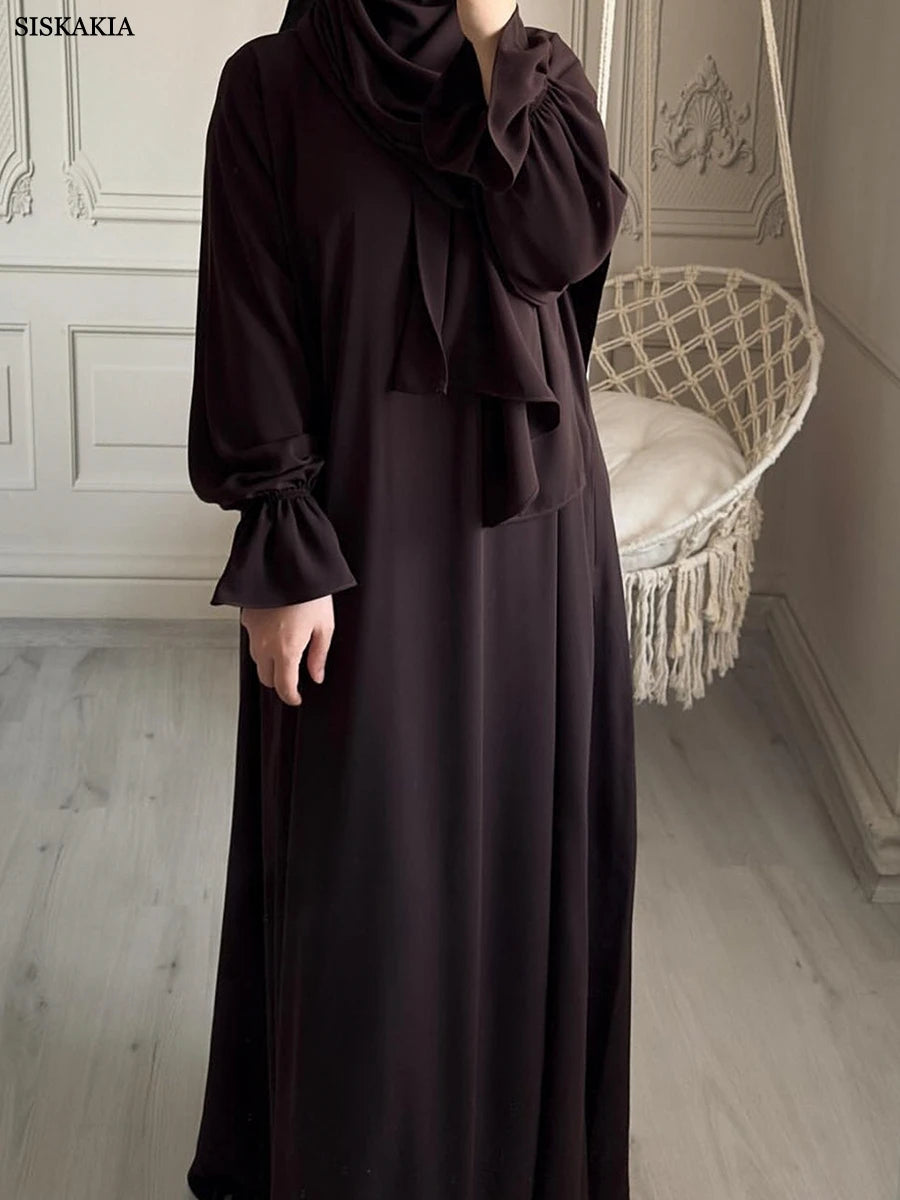Siskakia Solid Abaya Woman With Headscarf Flare Sleeve Casual