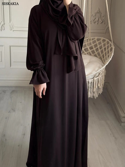 Siskakia Solid Abaya Woman With Headscarf Flare Sleeve Casual