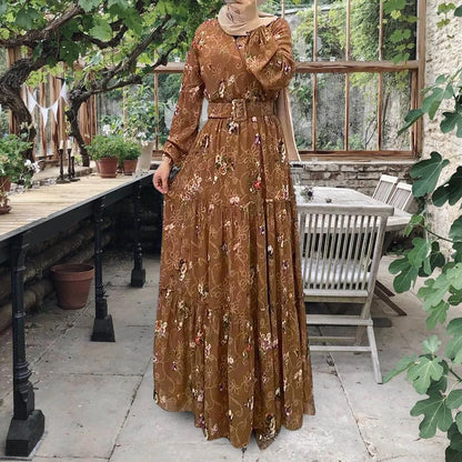 Abaya Turtleneck Floral Print Belted Kaftan Abayas