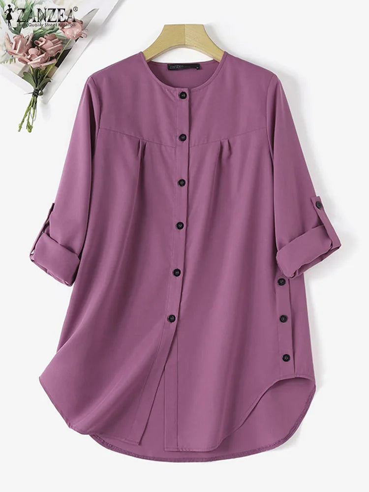 Abaya Blouse Woman Casual Holiday Baggy Shirt Long Sleeve O-Neck Tops Solid