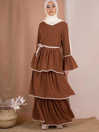Sweet Cake Flare Sleeve Lace-up Multi-layer Pleated Cupcake Ankle-length