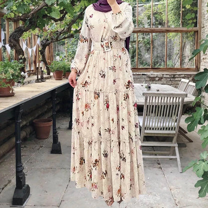 Abaya Turtleneck Floral Print Belted Kaftan Abayas