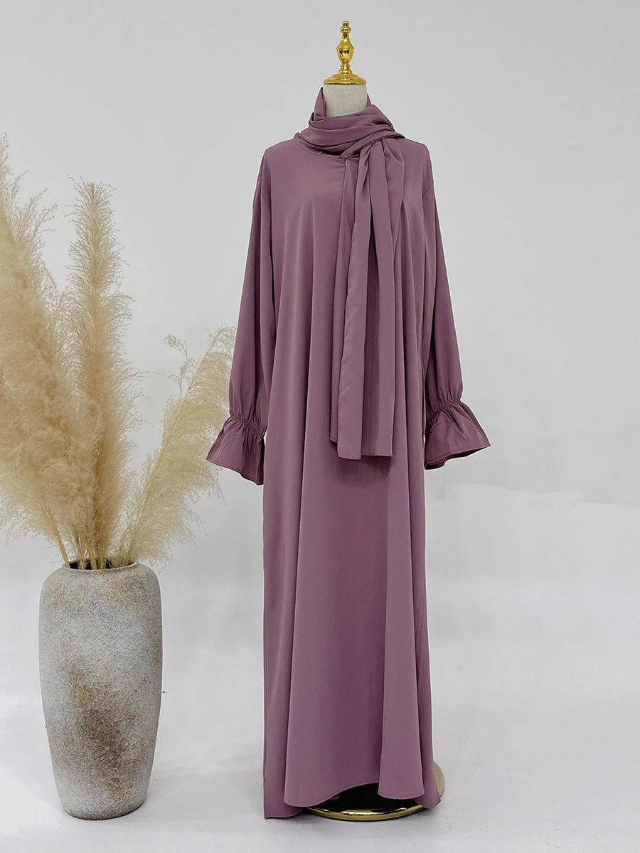 Siskakia Solid Abaya Woman With Headscarf Flare Sleeve Casual